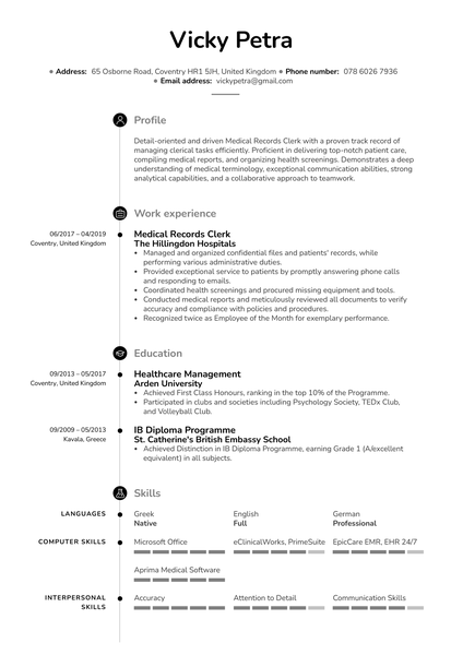 Medical Records Clerk Resume Example