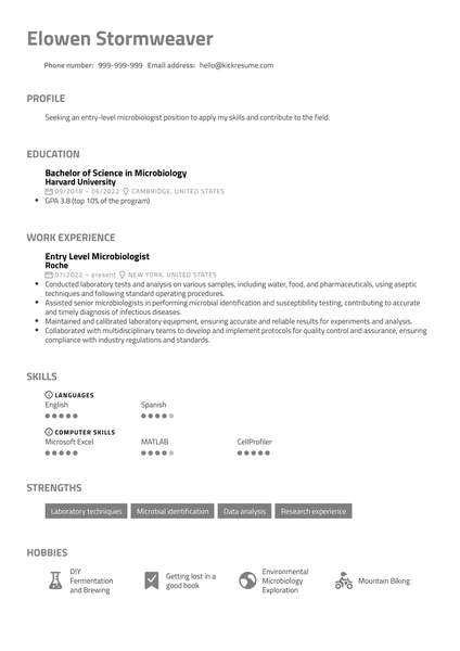 Entry Level Microbiologist Resume Sample