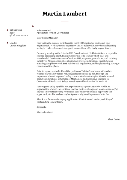 EHS Coordinator Cover Letter Sample