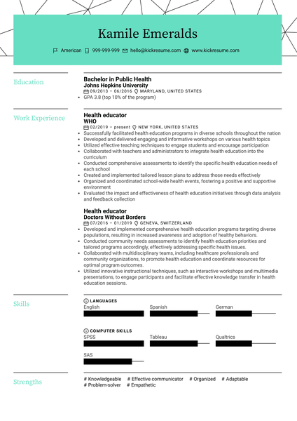 Health Educator Resume Sample