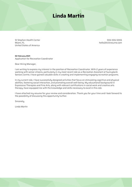 Recreation Coordinator Cover Letter Template