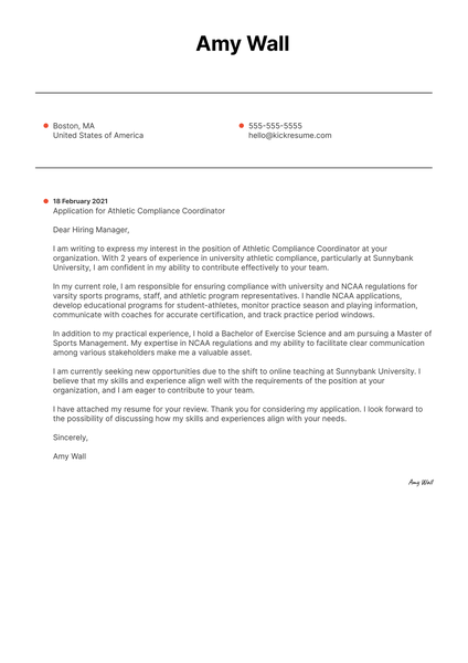 Athletic Compliance Coordinator Cover Letter Template