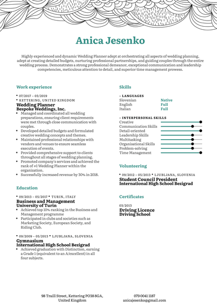 Wedding Planner Resume Example