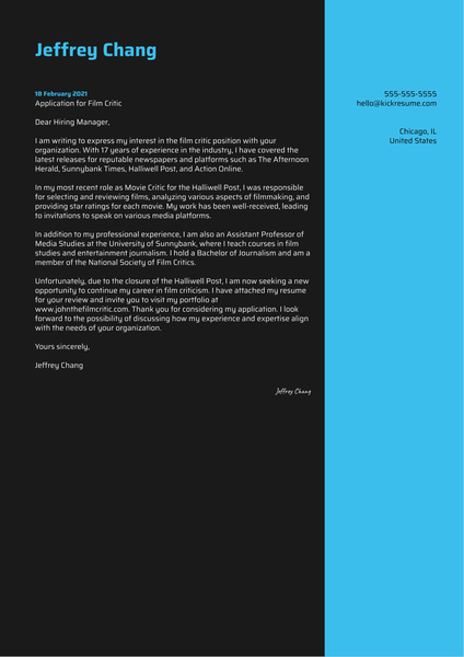 Film Critic Cover Letter Sample