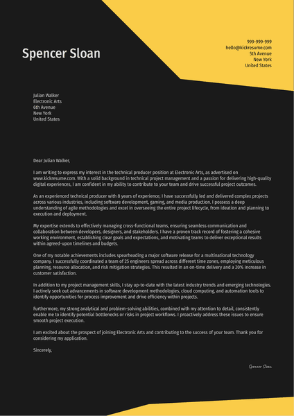 Technical Producer Cover Letter Sample