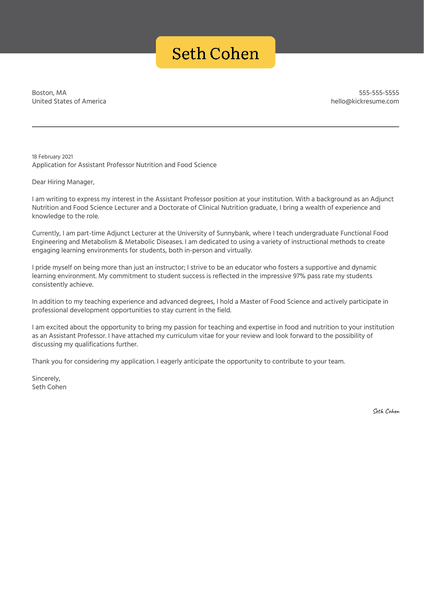 Assistant Professor Nutrition and Food Science Cover Letter Template