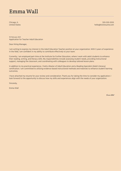 Teacher Adult Education Cover Letter Sample