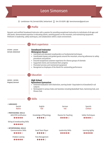 Snowboard Instructor Resume Sample