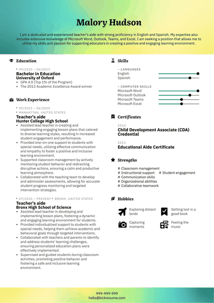 Teacher's aide Resume Sample