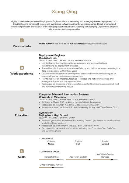 Deployment Engineer Resume Sample