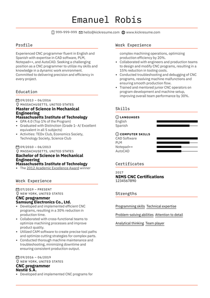 CNC programmer Resume Sample