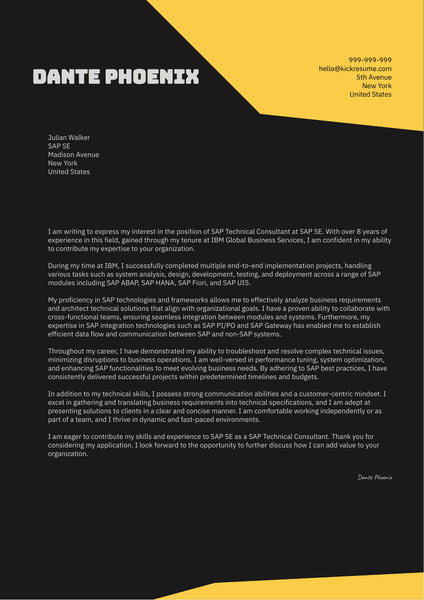 SAP Technical Consultant Cover Letter Sample