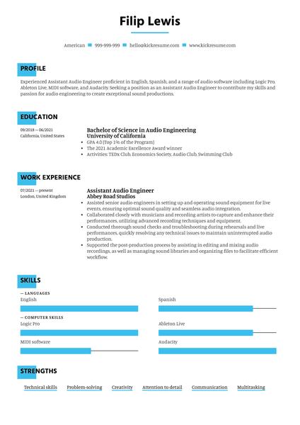 Assistant Audio Engineer Resume Sample