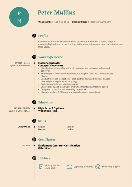 Machinery (Machine) Operator Resume Sample