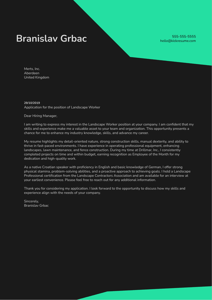 Landscape Worker Cover Letter Example