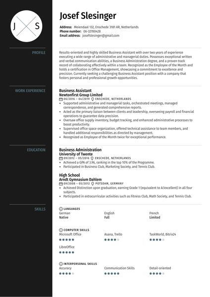 Business Assistant Resume Sample