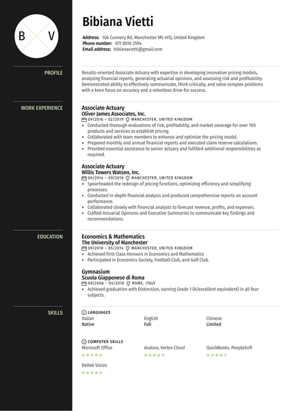 Associate Actuary Resume Example