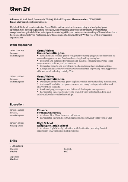 Grant Writer Resume Sample