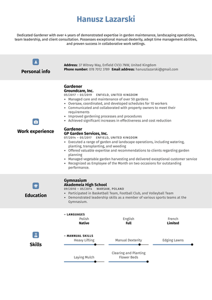 Gardener Resume Sample