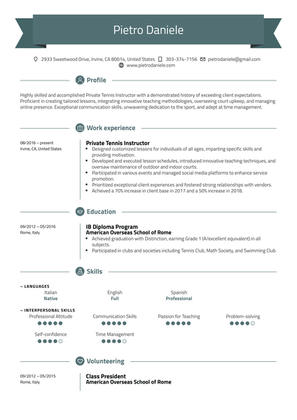 Tennis Instructor Resume Example