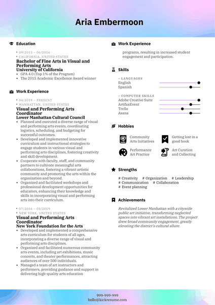 Visual and Performing Arts Coordinator Resume Sample