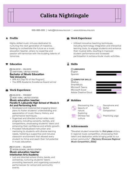 Music Education Teacher Resume Sample