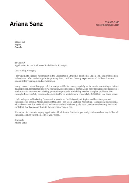 Social Media Strategist Cover Letter Example