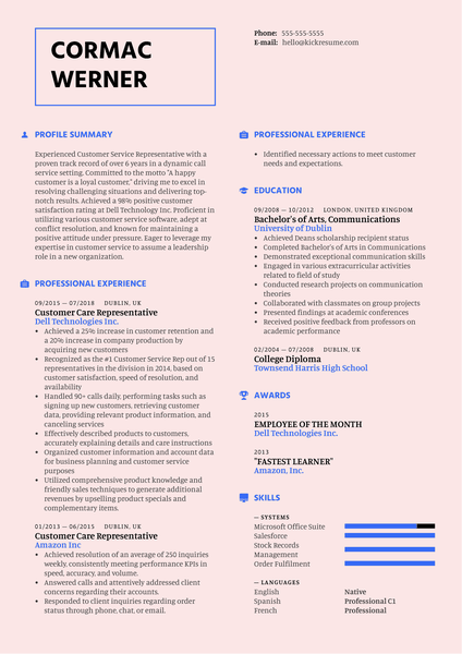 Customer Care Representative Resume Template