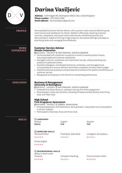 Customer Service Advisor Resume Example