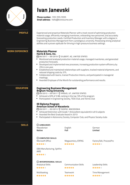 Materials Planner Resume Sample