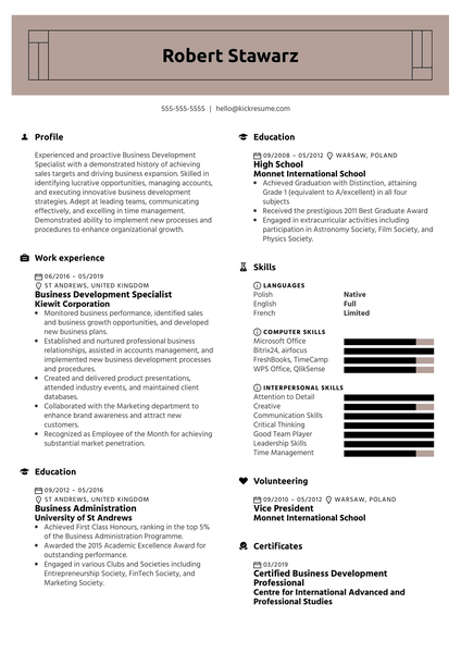 Business Development Specialist Resume Sample