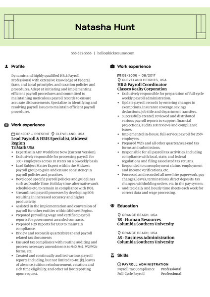 TriMark Payroll Lead Resume Example