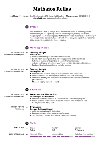 Treasury Analyst Resume Example