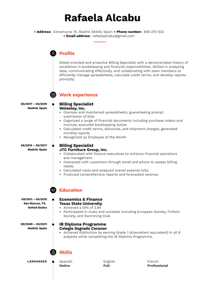 Billing Specialist Resume Example