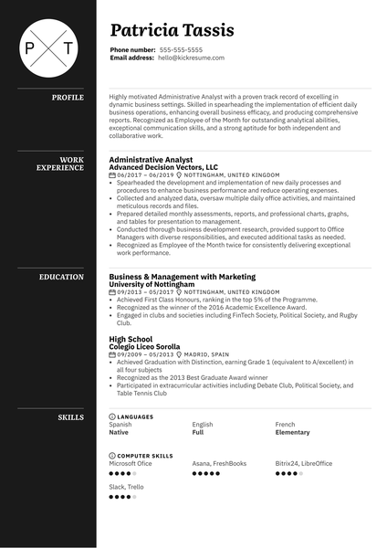 Administrative Analyst Resume Example