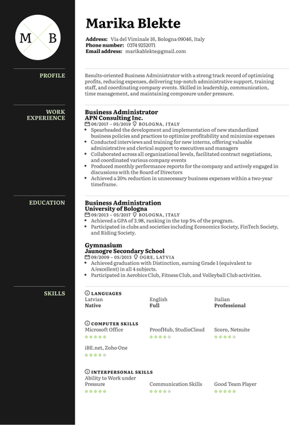 Business Administrator Resume Sample