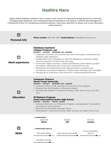 Database Assistant Resume Sample