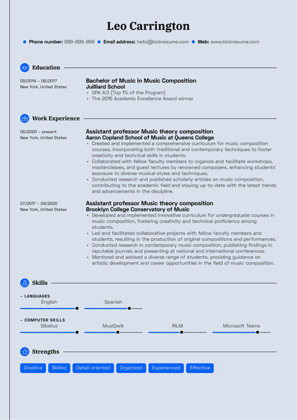 Assistant Professor Music Theory Composition Resume Sample