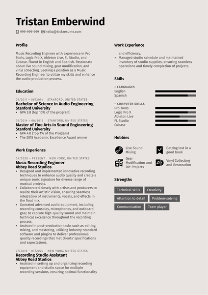 Music Recording Engineer Resume Sample