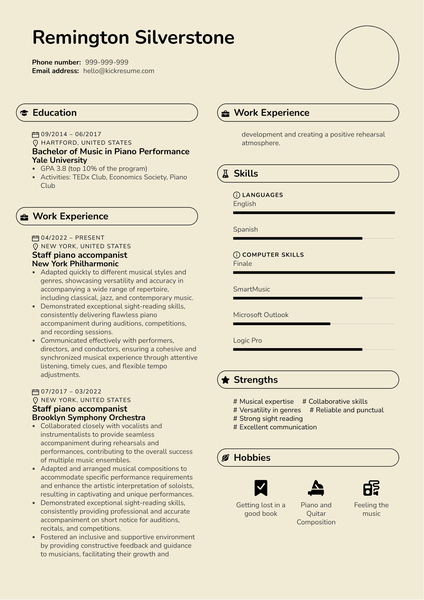 Staff Piano Accompanist Resume Sample