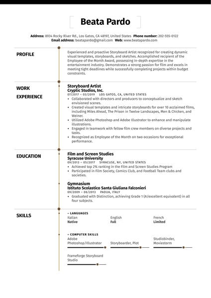 Storyboard Artist Resume Sample