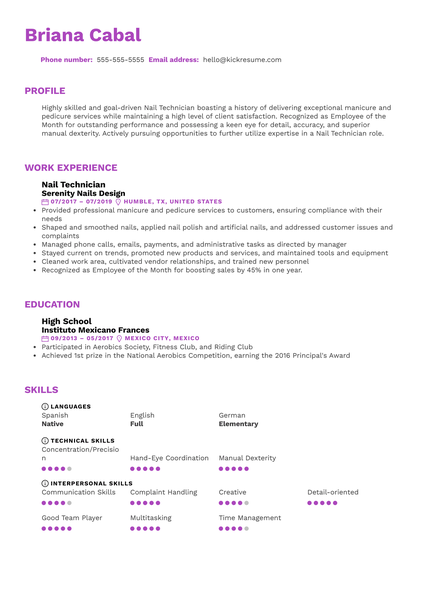 Nail Technician Resume Sample