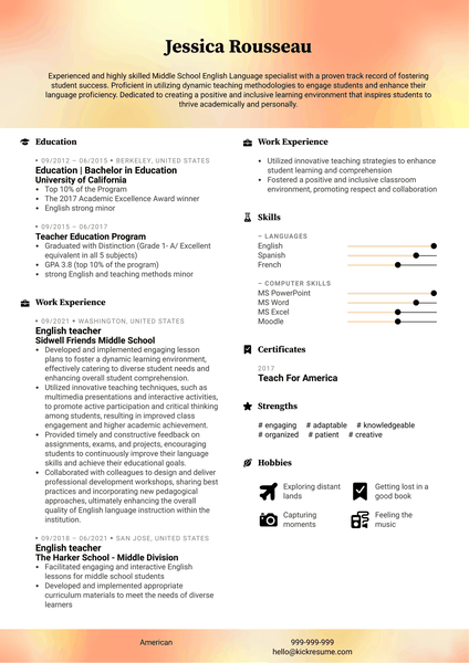 Middle School Teacher Resume Sample