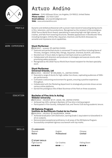 Stunt Performer Resume Example