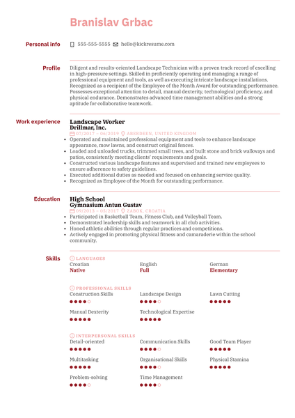 Landscape Worker Resume Sample