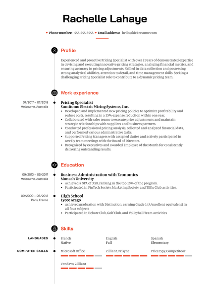 Pricing Specialist Resume Example