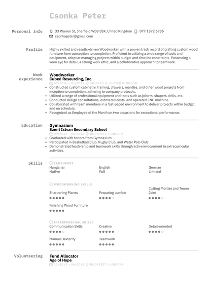 Woodworker Resume Example