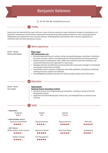 Pipe Layer Resume Example