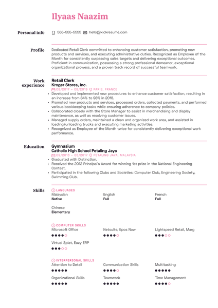 Retail Clerk Resume Sample