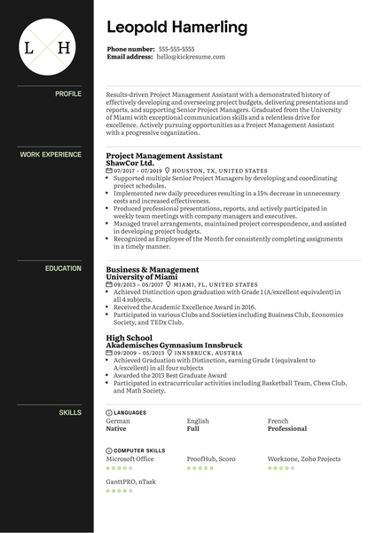 Project Management Assistant Resume Sample